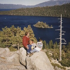 Don, David and Daniel look out over Emerald Bay.    FIRST tent camping trip with our sons!  August 23-28 1997  To Fallen Leaf Campground near Lake Tahoe.