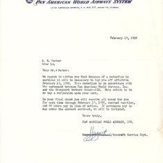 Letter from Pan Am advising Don he was being laid off. In hindsight, a good thing!