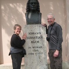 Ros taking (or dragging) Don to another statue of Bach, this one in Weimar, Germany.