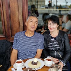 Don and Tanya enjoying lunch at a Parisian cafe, Family Trip to Paris, Sept 2019