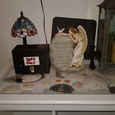 ANGEL STATUE SISTER SHARON GAVE ME FOR DONNA WOODEN CROSS FROM CHAPLIN TRUDY DEES ASHES WEDDING PIC