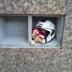 The helmet she loved and her little bear to keep her company