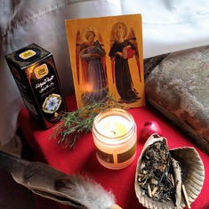 My "vigil altar" for D'reen.  She sent me the angels in Jan. 2022 as a thank you for waking her up. 