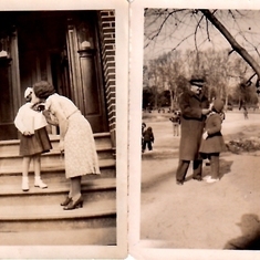 I believe the photo on left was her first day of school, getting a kiss from mom (rare?) and a loving look from dad, circa 1939-40, I'm guessing.