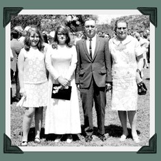 Dorothy Jane's Graduation from Olney Friends School 1970. From Left to right is her sister Julie Council, Jane Pemberton Weinman, Laurence Pemberton (Dad) & Ruby Jane Pemberton (Mom)