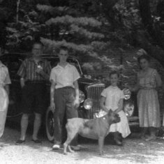 The Family Jag c. 1958 L-R Dad (Oliver Sr.), Uncle Frank, Blue (Oliver Jr.), Barb, Aunt Deed and Mom (Dorothy)