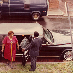 Dadda and Mama arriving at Carol's wedding June 1982.