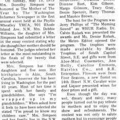Mother of the Year Honored by the Washington Informer, Sunday, May 13, 1979.  Debbie submitted an essay for this contest and thay won Mama the great honored.