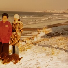 Mom, Sandy and Becky playing in the snow in Newport, OR 1978