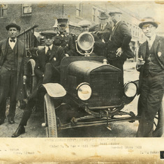 Left to Right - Mayor W.E. Macken, Chas. Ditmer, Fire Chief Dorris Winn Fox, Bill Stean, Bill Miller, Town Marshal Edgar "Chalky" Nall, L.W. Baker. Picture taken in 1925 in front of old fire station at 1833 Swift.