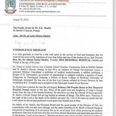 Condolence Message by the Bishop of Oru Church of Nigeria (Anglican Communion)