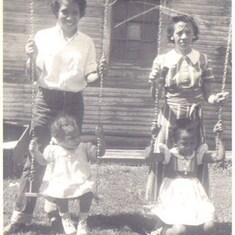 Aunt Dorothy and Aunt Rachel swinging Leslie and Donna (me).  Picture taken in Detroit, Michigan