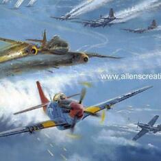 Tuskegee Thunder ~ painted by Robert Bailey ~ March 24, 1945 - 1st Lt. Earl R. Lane of the 100th Figher Group destroys a Messerschmitt-262 jet high over Germany.
Also shown: the Luftwaffe were using a captured P-51 (all black) Mustang during this action
