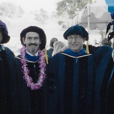 Ed in his regalia at 1999 UCSB graduation with three PhD candidates he mentored.