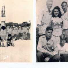 (l) Beach scene. (r) Stanley Pearl, Bernice Pearl, Ed Pearl, Sherman Pearl, Bernie Pearl. 1940's