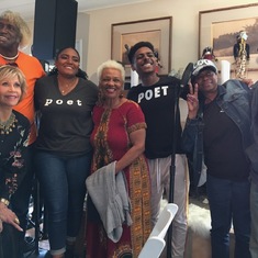 Diane Luby Lane, Willie Chambers, Jane Fonda, Barbara Morrision, Claudia Lennear, Ed Pearl. Two unknown GetLit poets. Event honoring transfer of Ash Grove Foundation to GetLit. 2019