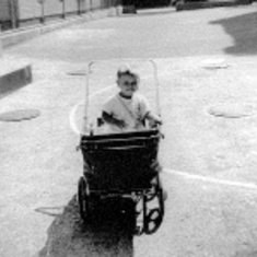 In his stroller at 18th St. School, Newark, NJ. Sister Hedy & freind Gail would often take him there.