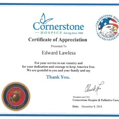 Military Appreciation Certificate presented to Ed at Hospice 12/8/18