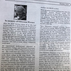 tribute to Edwenna in newsletter of a local progressive group