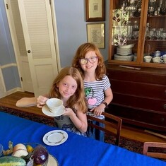 Olive [aged 9] and Lucy [almost 8] have a teaparty, September, 2021