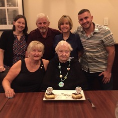 Mother's 99th Birthday celebration.   "Little" Eileen and "Big Eileen"  (tho from the size of me these titles should be reversed).   Lindsay, Dan Joe, DeDe and Danny.  -