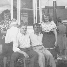 Eleanor & Nick Bette, infant Jerome, godparents Martha Sharon and Ziggy (grandma Betea) backyard Greeley, Detroit, June, 1946