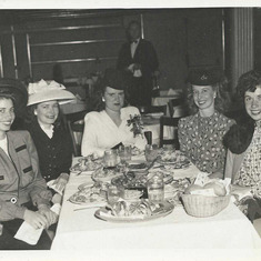Ellie at friend Gloria's 21st Birthday Dinner - 1947 or 1948, at the Bal Taberin in North Beach, S.F.  Starting at the left, Jean and Irene Duggan, Gloria Armstrong, Charlene Duggan and Ellie on the front right.