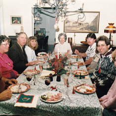 Christmas day 1986, with John's sister Nancy & her husband Frank Larkworthy, their daughter Karen, and (far right), Randall's friends Owen and Fred. (Hidden behind Owen is Larkworthy's other daughter Susan and a friend)