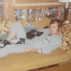 Napping with kittens -- 1975