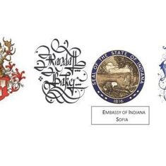 Collage of Randall's artful letterhead crests and illuminated drop caps