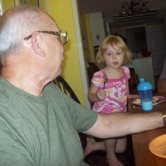 Lillian and Poppie eating breakfast together at the Willett's in Georgtown TX