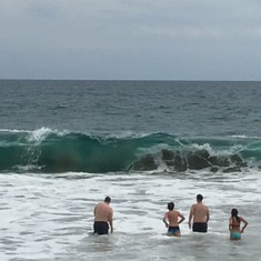 From left to right- Scott, Jacob, Eric and Megan battling the waves in Cabo-2017.