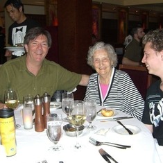 Christine (aka Mum and Grandma) with Bob and Philip on a cruise