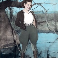 Mary Ethel dressed to  hunt!  Probably in her late teens and somewhere in Lancaster, PA.