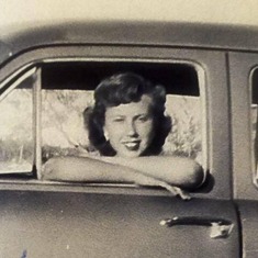 My Grandma showing off her natural beauty and inner light. 1950's. (This has to be my dad's car he bought when he was in the Air Force, so this is probably in Artesia or Roswell, New Mexico in about 1954/55. T. Rust)