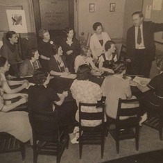 At class in fashion design scool in Cleveland, Faustina is in the lower left corner paying close attention circa 1934.