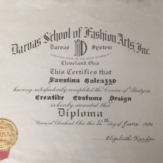 Faustina's diploma from the Fashion School of Arts in Cleveland, OH.
