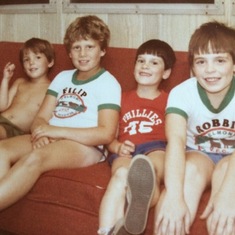 photo from Sue Ebert of Kevin, Filip, Michael and Robbie. Filip spent a good part of his childhood with them running around the woods and causing innocent boy mischief. :)