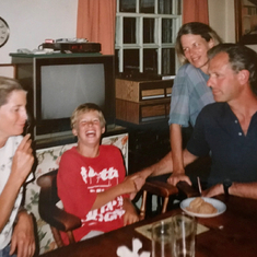 Daphne trying, with son Rob in hysterics. Forbes around 50 yrs.