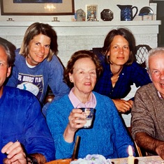 Family photo, probably late 1980's in Daphne's kitchen. [Our mother drank milk & bourbon [!]