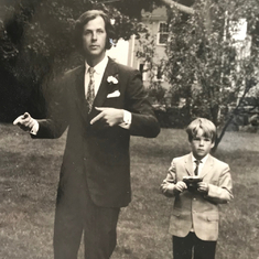 Forbes gesticulating with Cousin Stefan Forbes at our sister's wedding 1977.