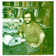 Fran in new office on Kimbro St house, ca1981, with the green keyed typewriter.