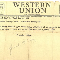 War Time Telegram - "Ruth I Love You!"