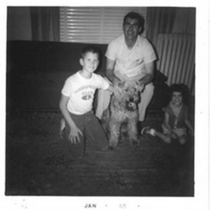 Stewart, Dad, Airedale dog "Ozone" and Reta Jane.  January 1965