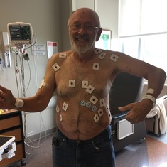 Dad after his heart attack.  We were cracking up about how many stickies he had on him...until he had to take them off!