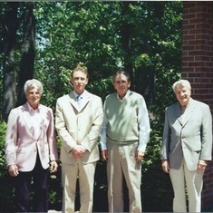 "Three generations of Wilson Men" on Benjamin James Wilson's Wedding Day 06-01-2002. Douglas/Saugatuck, Michigan. Left to Right: Ben J. Wilson, M.D., Ben J. Wilson PhD (c), Fred M. Wilson, II M.D., & Fred M. Wilson, M.D.