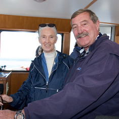Fred and Jane Goodall during a whale watch tirp aboard the Condor Express, 2005.