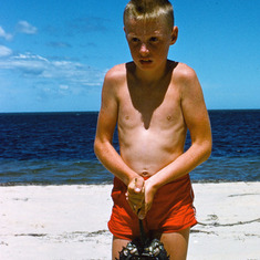 Cousin Kenny holding horseshoe crab at Dionis Beach, Nantucket Summer, Dad