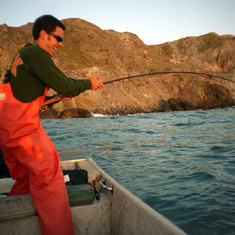 April 2004.  Gabe hooked up to a large white seabass.