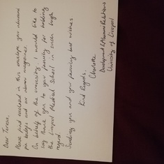 Card from University of Liverpool Alumni Relations appreciating the Obu Family